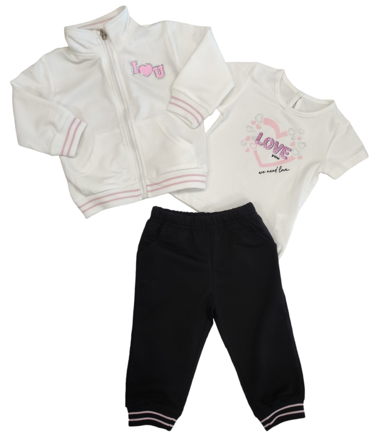 Completo Tuta 3 Pezzi Primaverile Bianco e Nero Bambina 12-36 Mesi