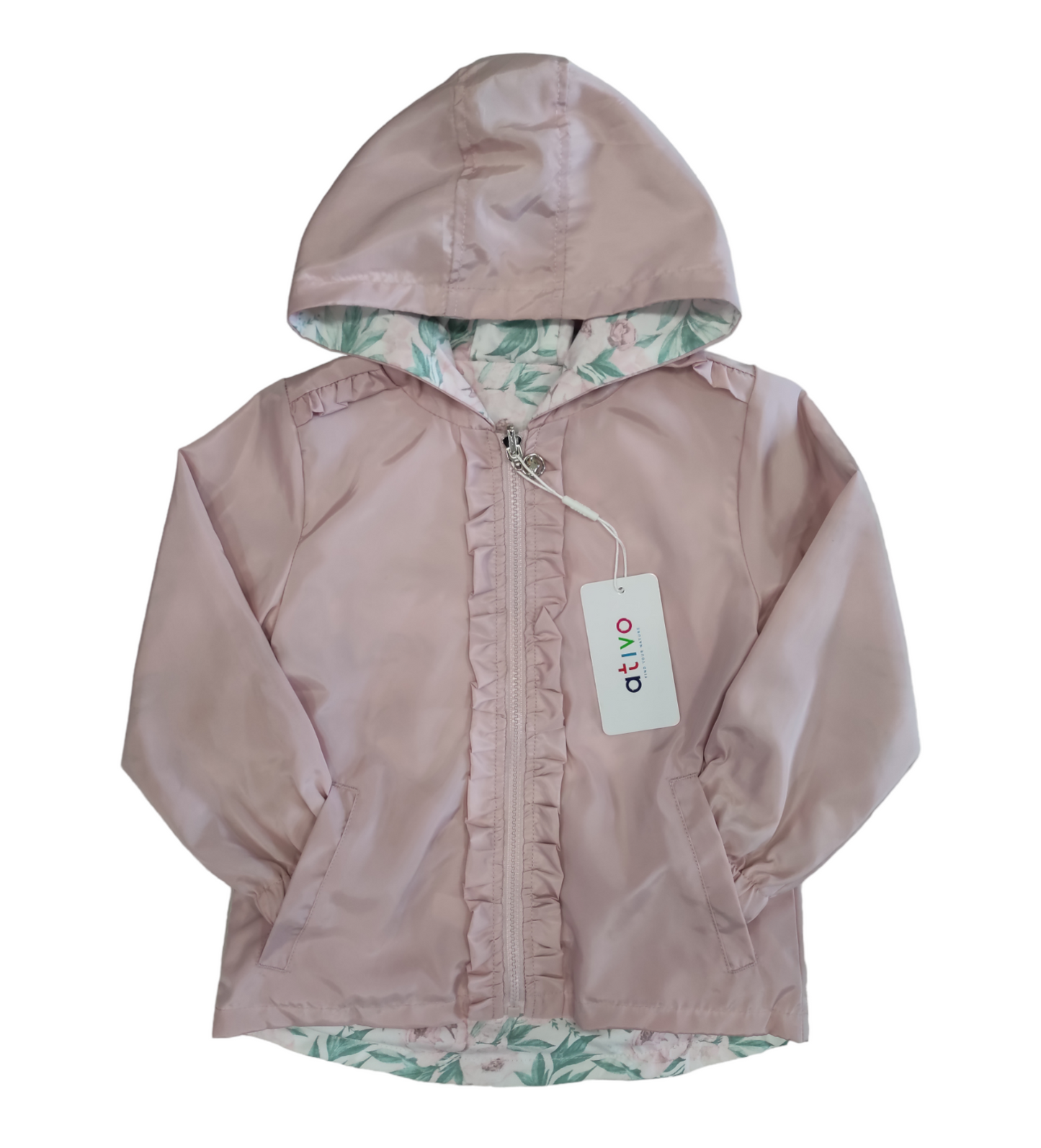 Giacca Antivento Reversibile Rosa e Fantasia a Fiori Ativo Kids Bambina/Ragazza 4-14 Anni