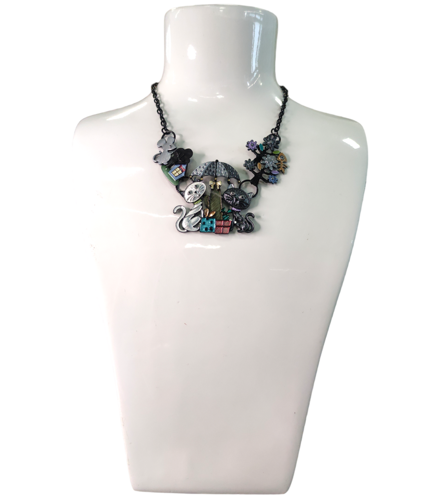 Collana Catena Nera con Ciondolo Gatti Smaltati Multicolore