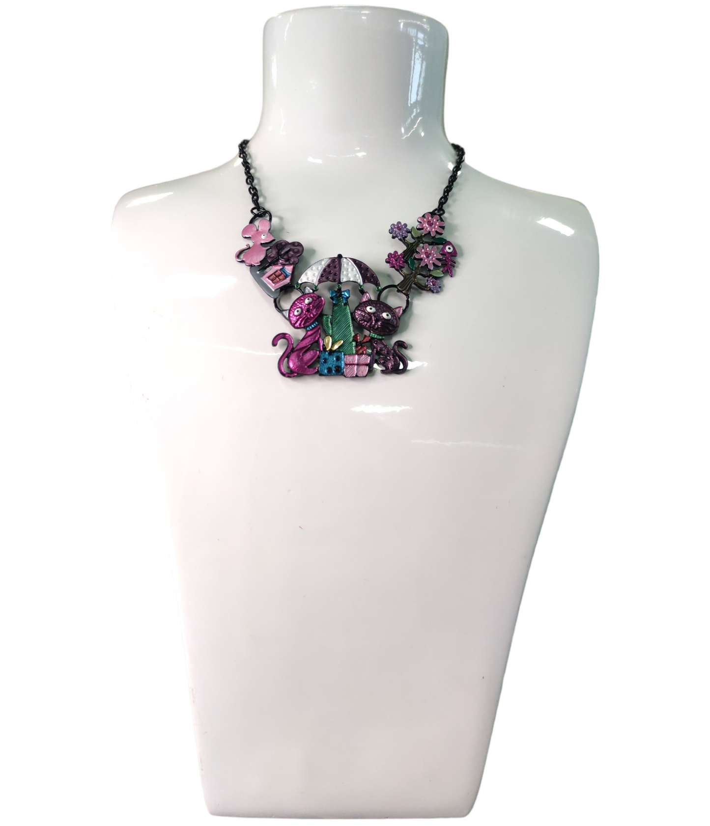 Collana Catena Nera con Ciondolo Gatti Smaltati Multicolore