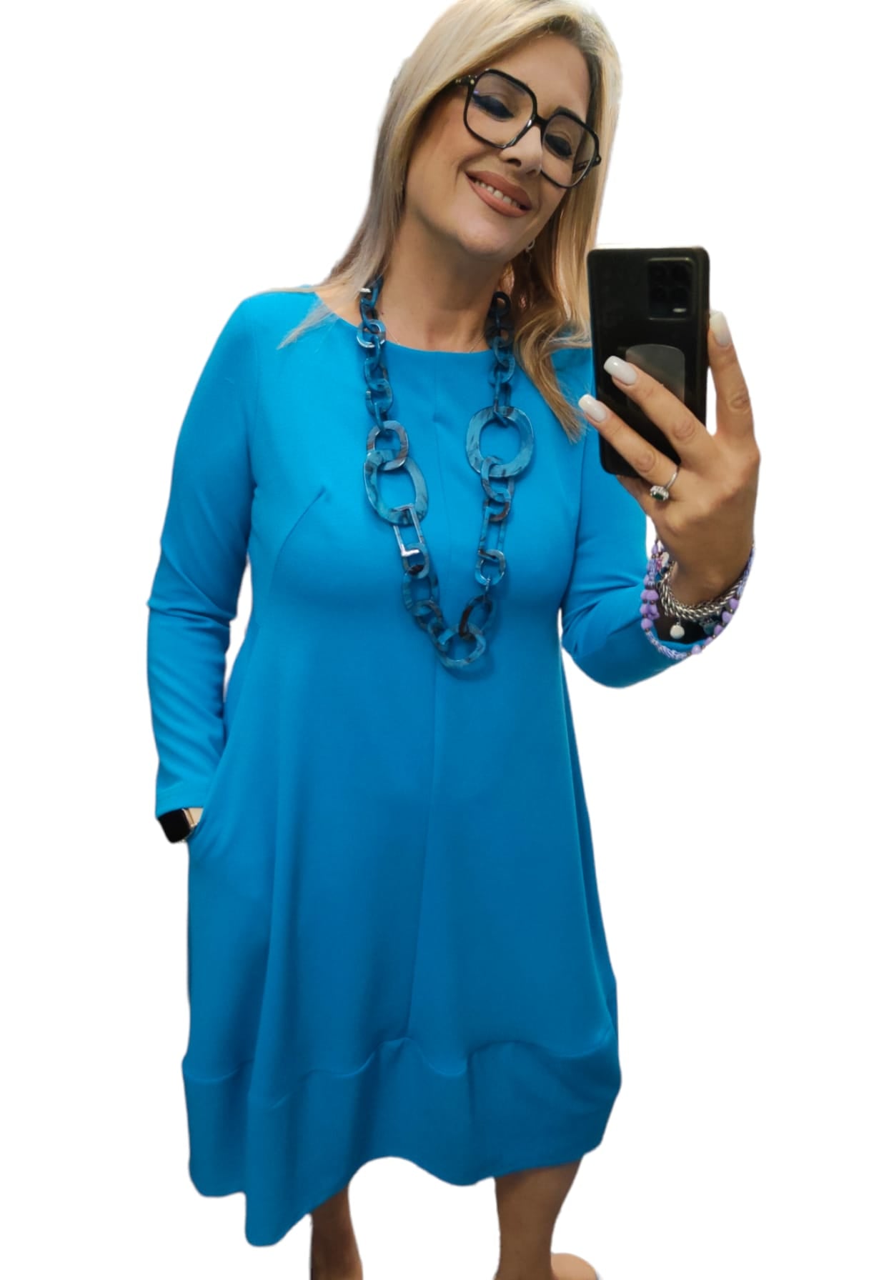 Abito Donna Modello Ovetto in Scuba Twill Elasticizzato Curvy con Tasche Tinta Unita Azzurro