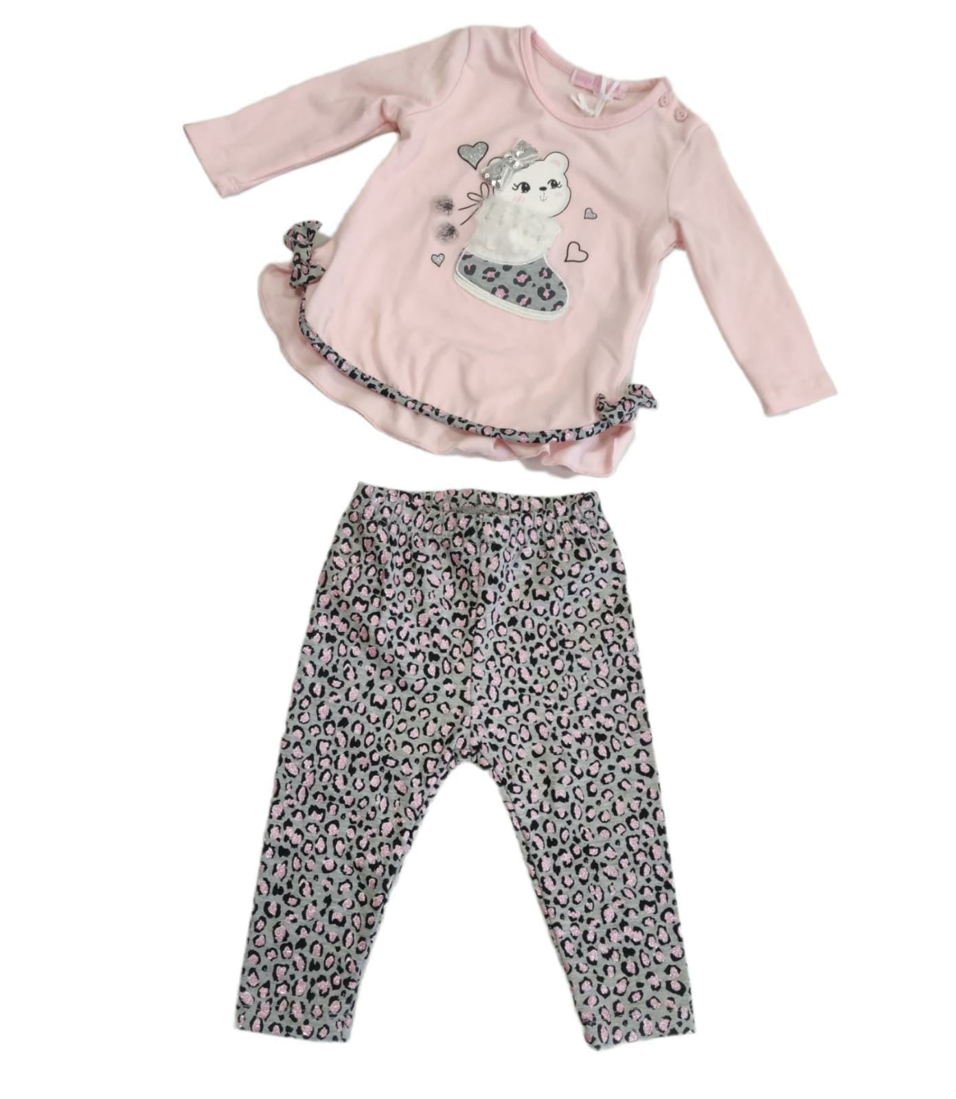 Completo 2 Pezzi T-Shirt Caldo Cotone e Leggings Felpato Maculato Bambina 6-18 Mesi