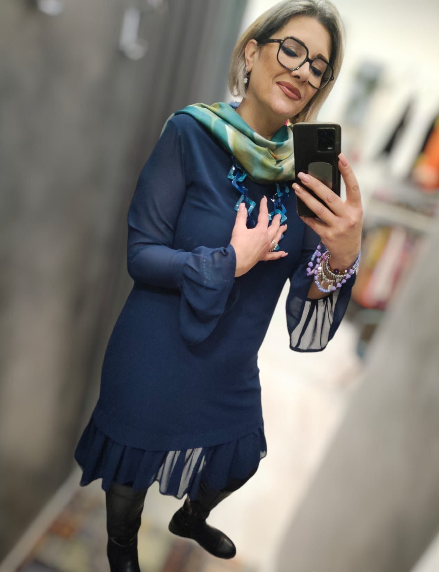 Abito Donna Midi Blu in Crepe e Viscosa con Balza di Rifinitura sulle Maniche