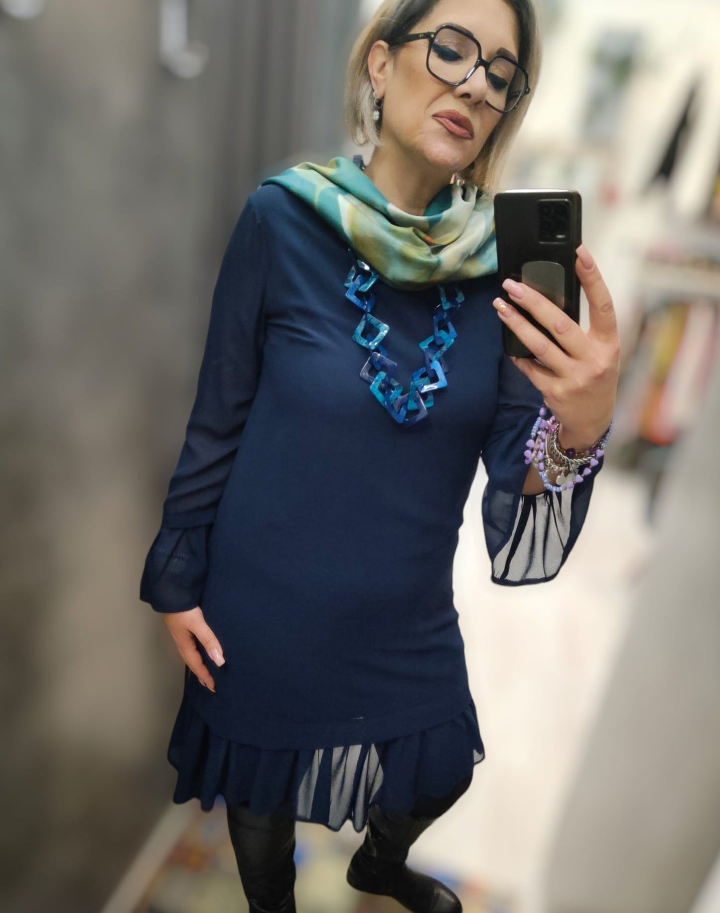 Abito Donna Midi Blu in Crepe e Viscosa con Balza di Rifinitura sulle Maniche