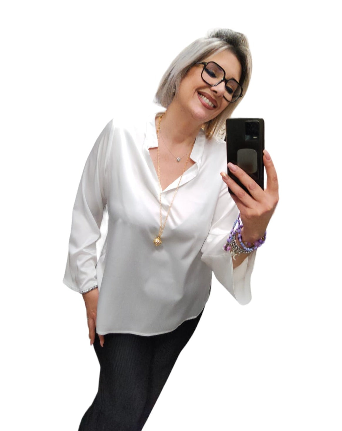 Blusa Donna Curvy in Raso Tinta Unita con Collo alla Coreana Scollatura a V