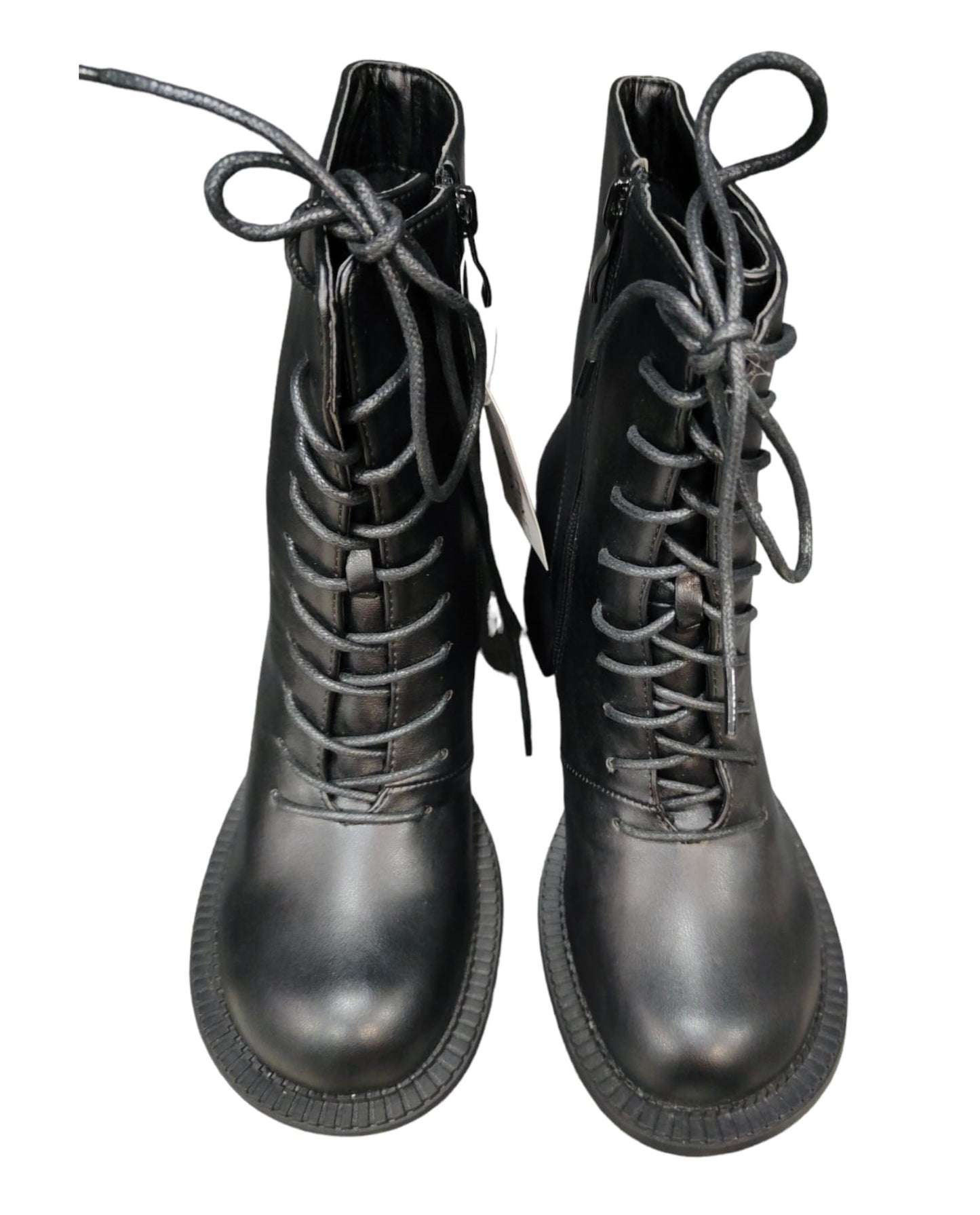 Stivaletto Donna in Eco Pelle Nero con Suola in Tono Leggero Tacco Chiusura Lampo e Lacci