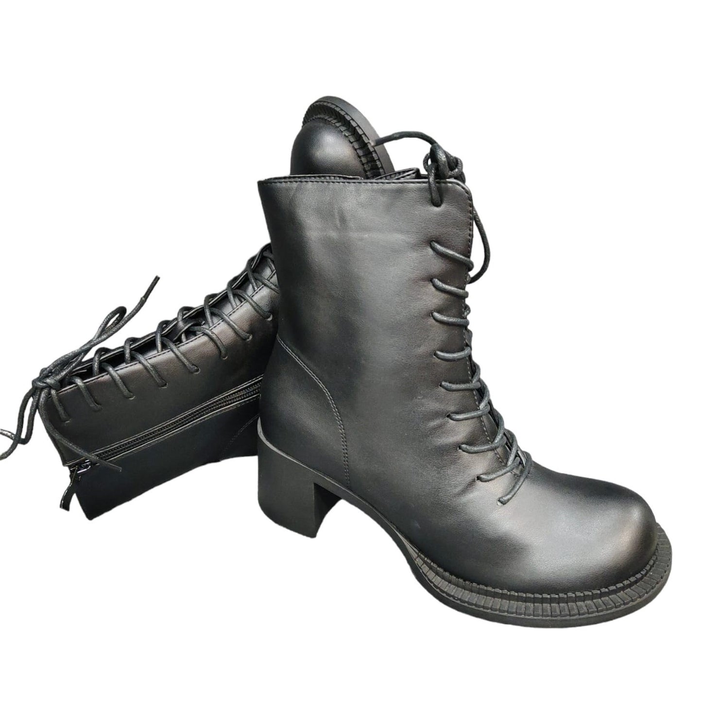Stivaletto Donna in Eco Pelle Nero con Suola in Tono Leggero Tacco Chiusura Lampo e Lacci