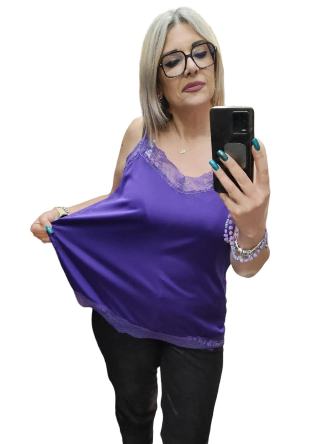 Top Donna Raso Con Pizzo in Tinta Unita Linea Curvy