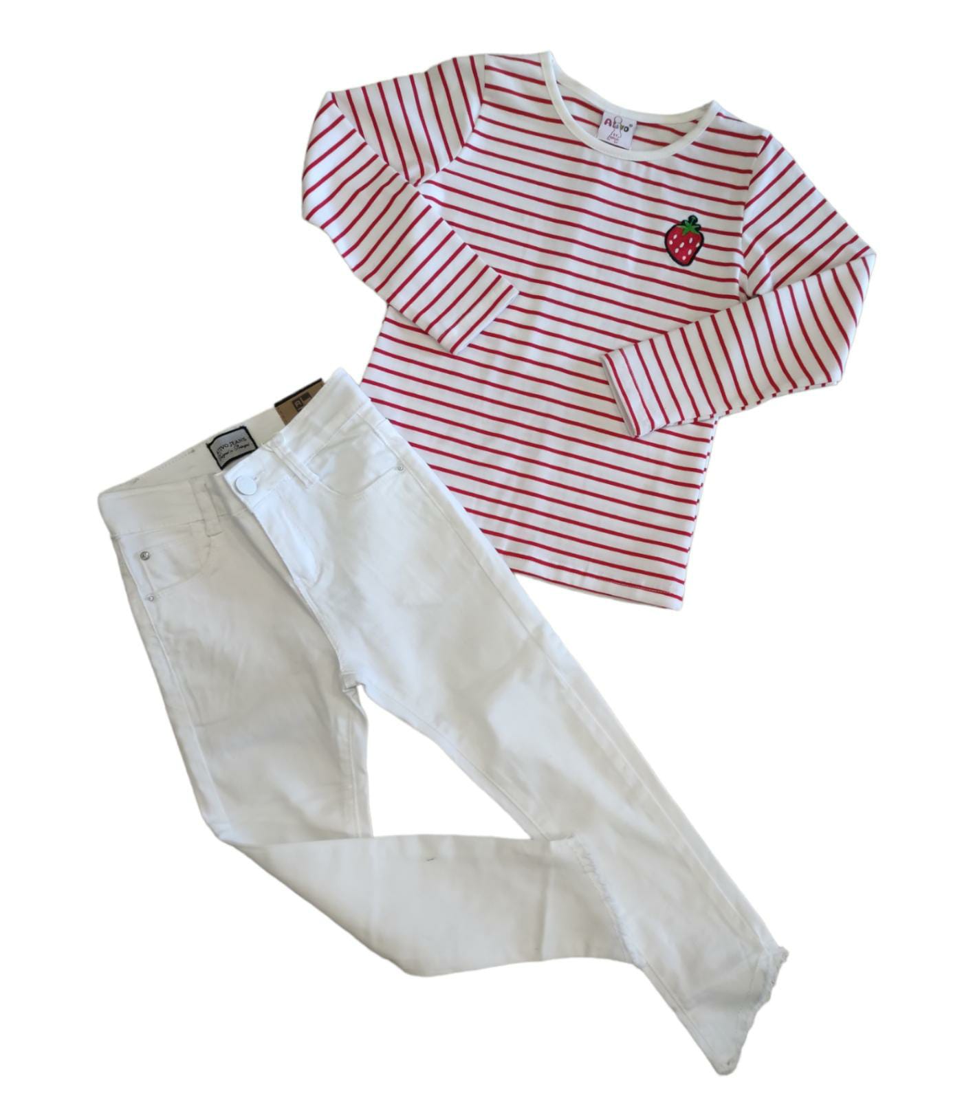 T-shirt Cotone Manica Lunga Primaverile a Righe Bianche e Rosse Bambina 4-14 Anni