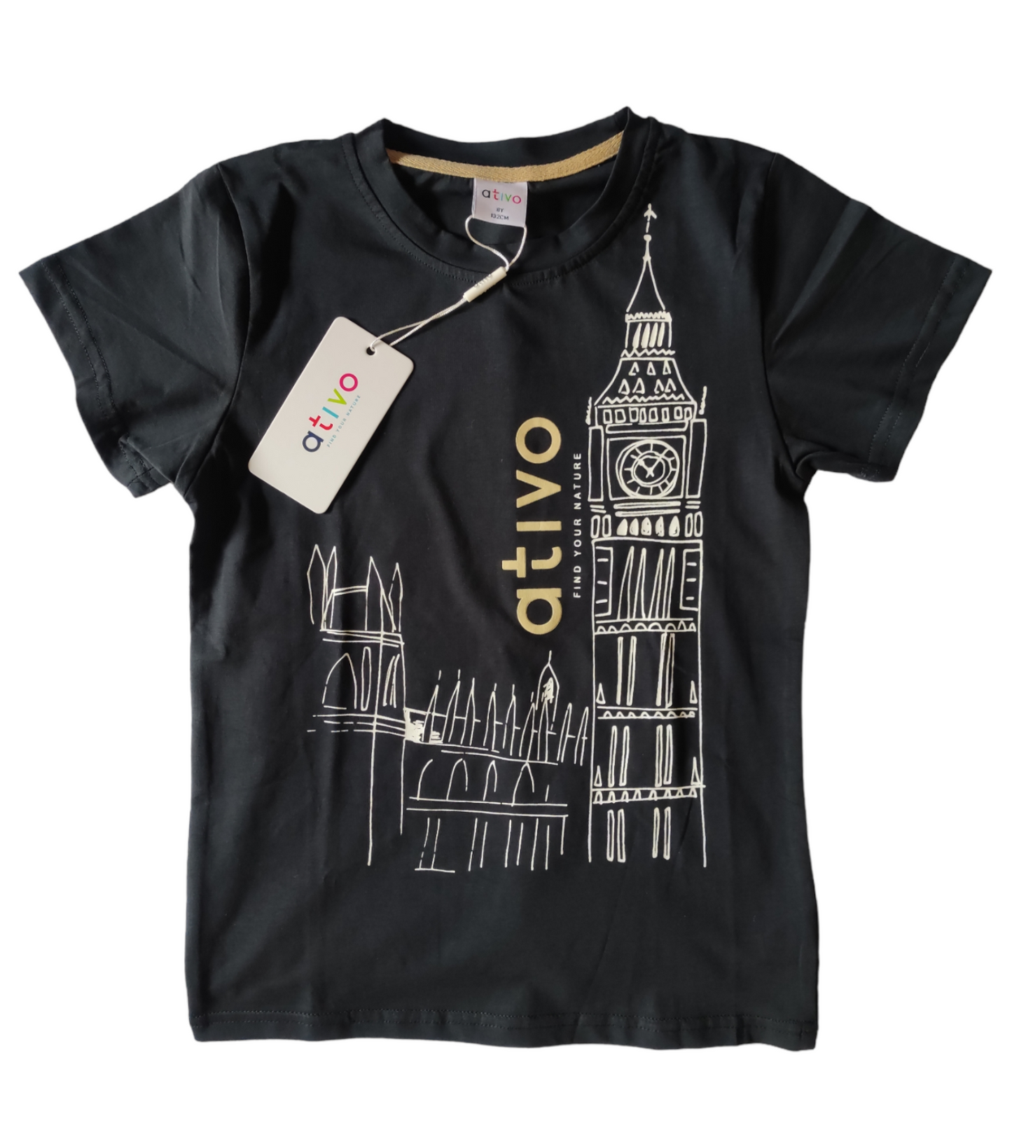 T-Shirt in Cotone a Manica Corta con Stampa Big Ben London Ativo Kids Bambino Ragazzo 4-16 Anni