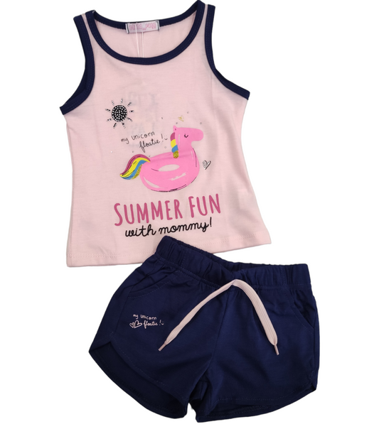 Completino Estivo in Cotone Canottiera Rosa e Pantaloncino Blu Bambina 12-36 Mesi