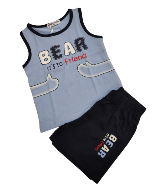 Completino Canottiera Azzurra Stampa Orso Bear Pantaloncino Blu Bambino 12-36 Mesi