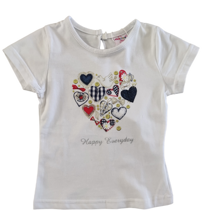 T-Shirt Bianca a Manica Corta in Jersey di Cotone Stampa Cuore Ativo Kids Bambina 6-36 Mesi