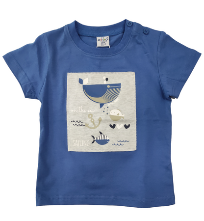 T-Shirt a Manica Corta in Jersey di Cotone con Stampa Riquadro Ricamato Bambino 6-36 Mesi