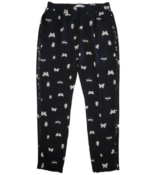 Pantalone Donna Nero a Gamba Dritta Stampa Farfalle Bianche con Banda Paillets Laterale Taglia 44