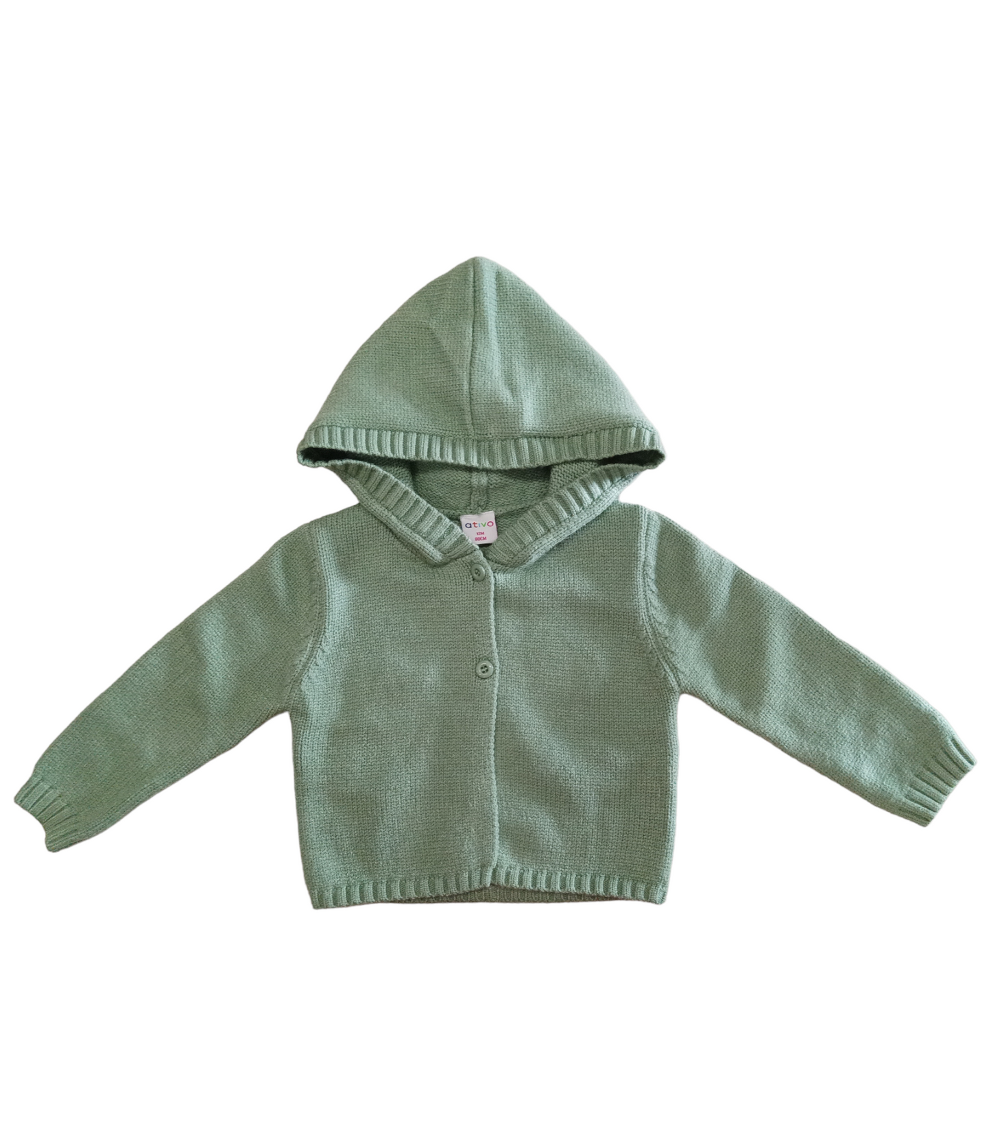 Cardigan in Maglia con Bottoni e Cappuccio Verde Pastello Ativo Kids Bambina 6-36 Mesi