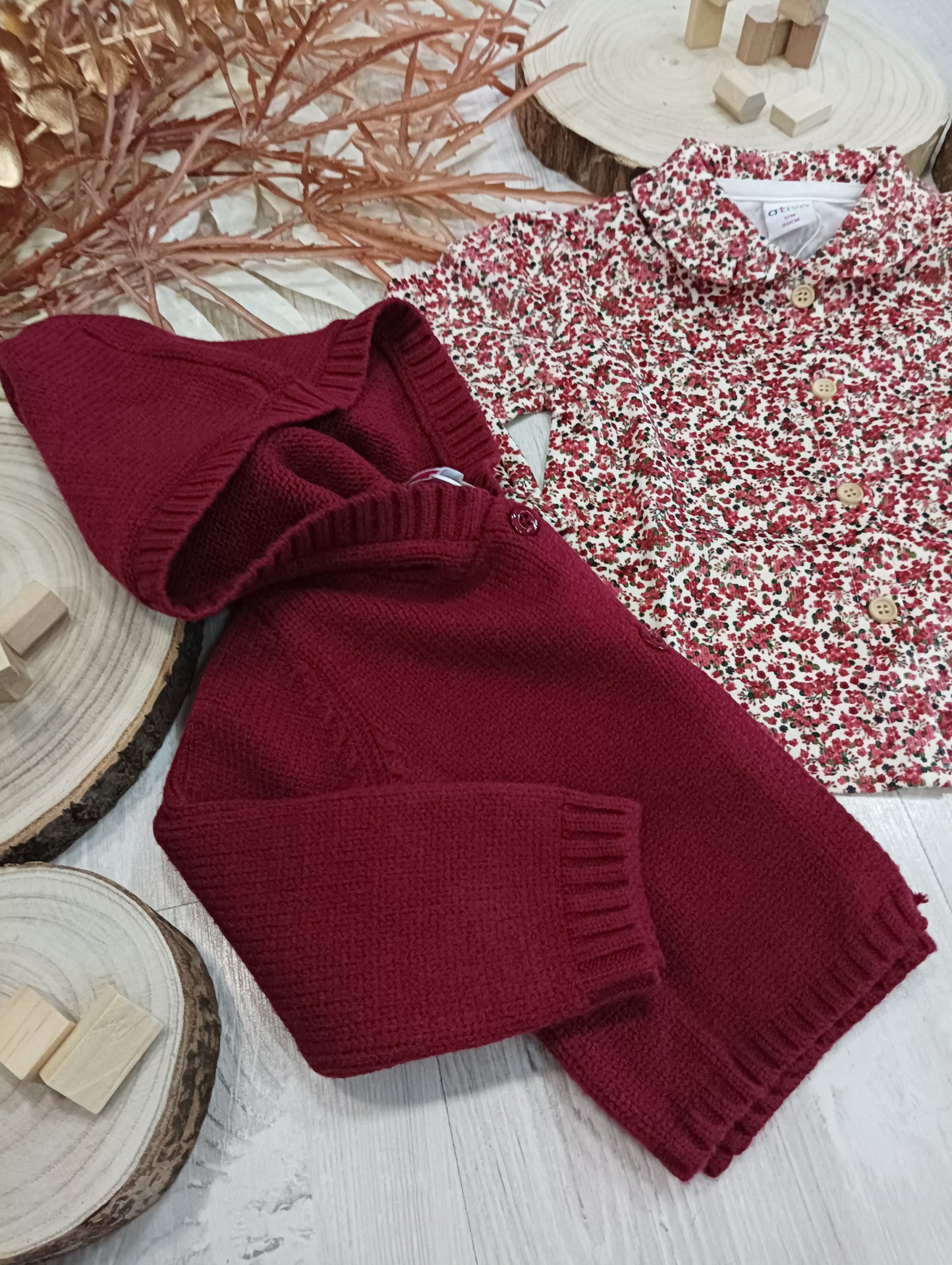 Cardigan Color Bordeaux in Maglia con Bottoni e Cappuccio Ativo Kids Bambina 6-36 Mesi