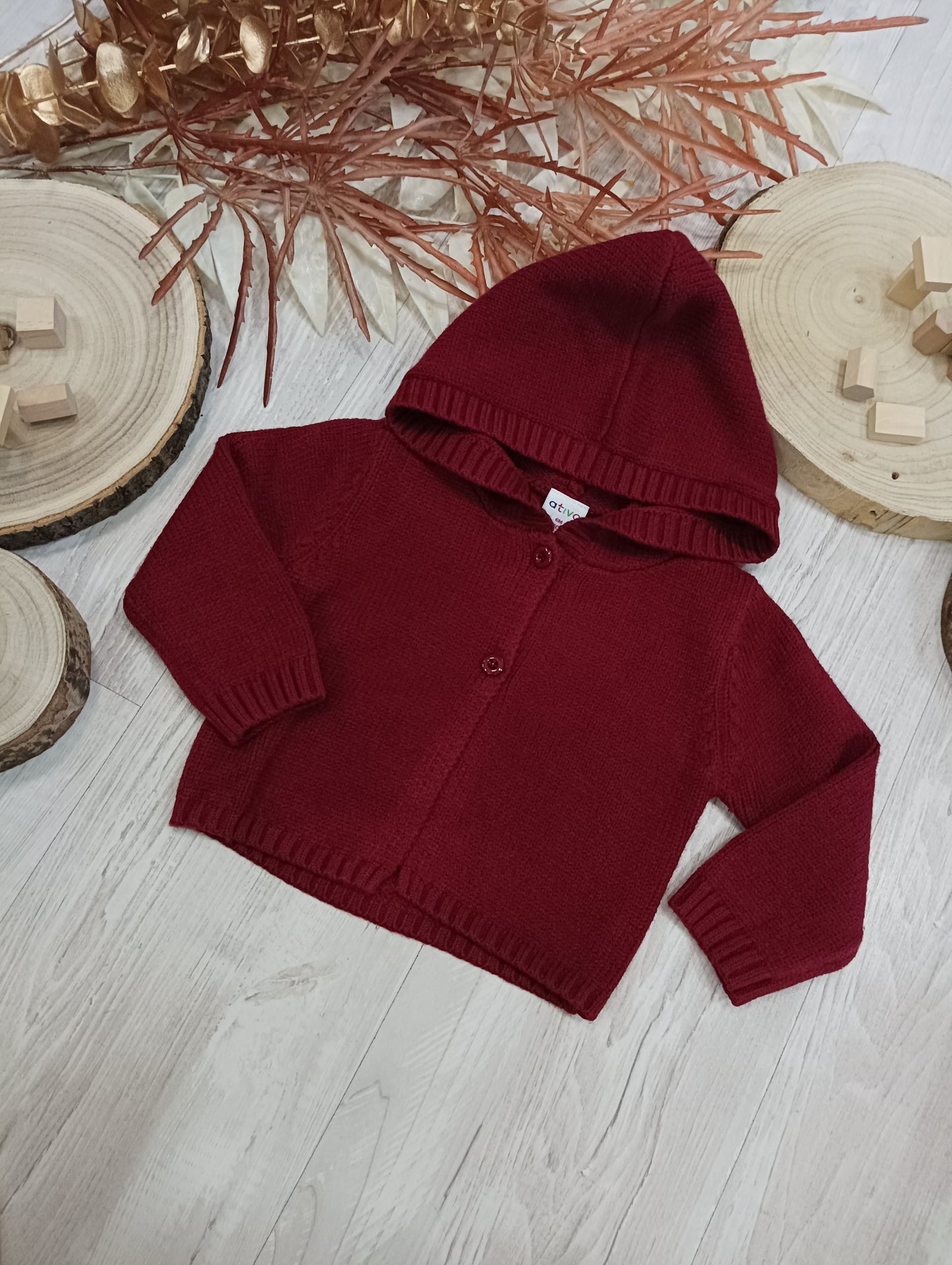 Cardigan Color Bordeaux in Maglia con Bottoni e Cappuccio Ativo Kids Bambina 6-36 Mesi