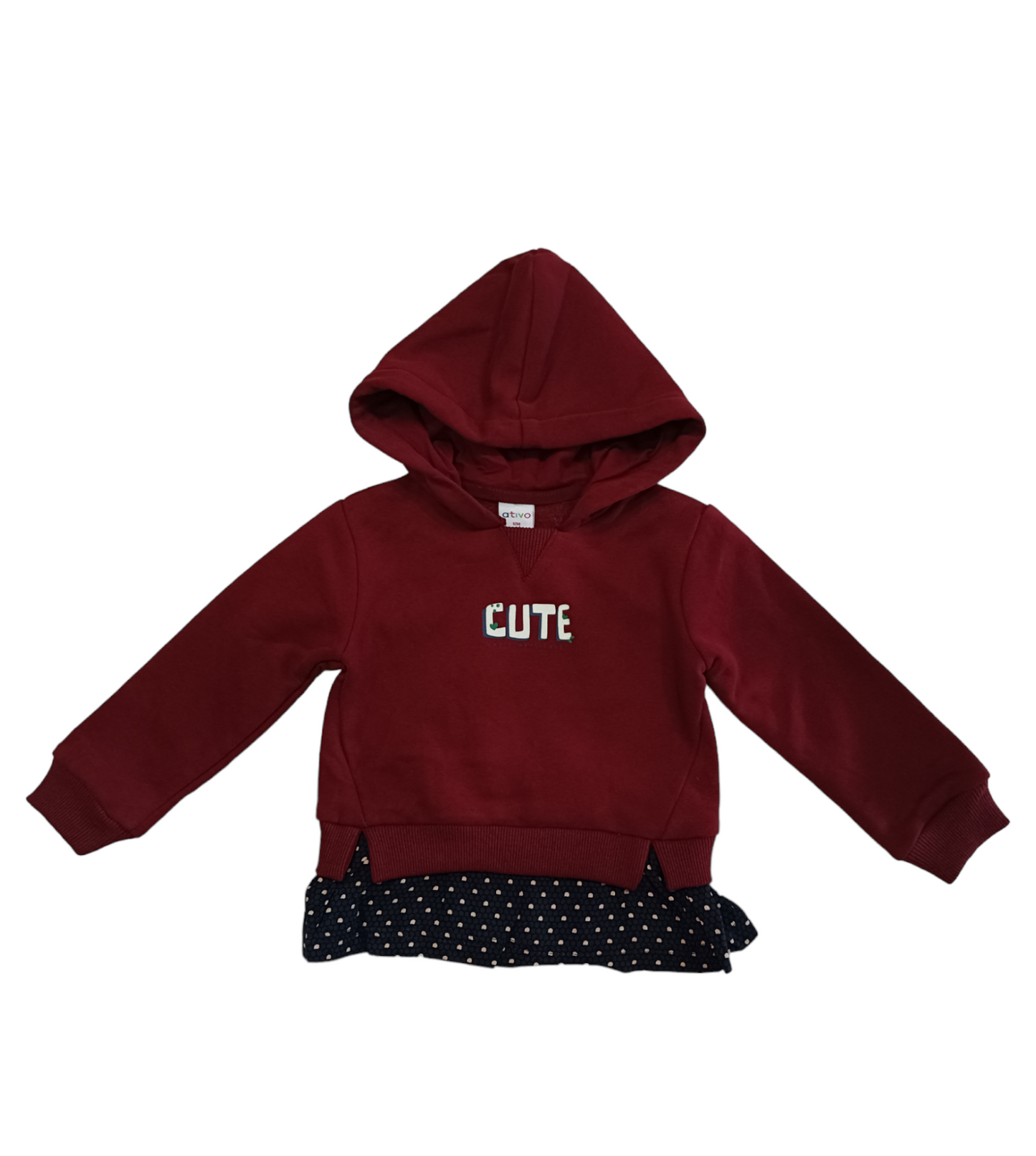 Felpa Bordeaux Interno Felpato con Cappuccio e Finta Camicia Blu a Pois Ativo Kids Bambina 12-36 Mesi