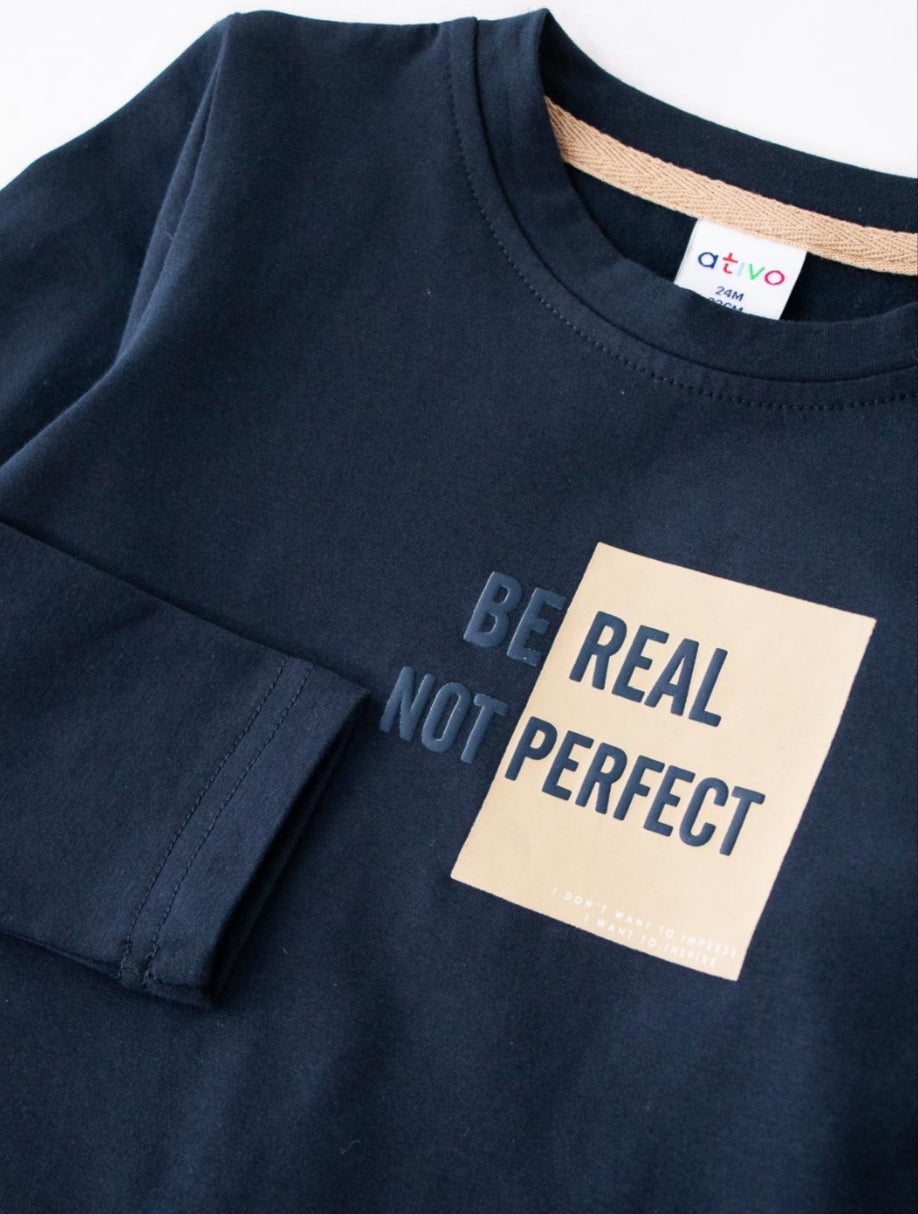 T-Shirt Blu in Cotone Felpata con Scritta Stampata Be Real Not Perfect Ativo Kids Bambino 12-36 Mesi