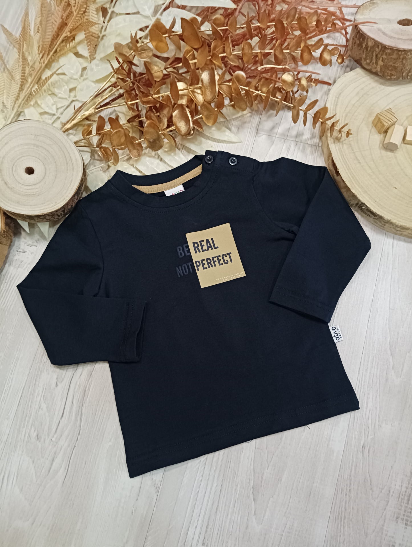 T-Shirt Blu in Cotone Felpata con Scritta Stampata Be Real Not Perfect Ativo Kids Bambino 12-36 Mesi