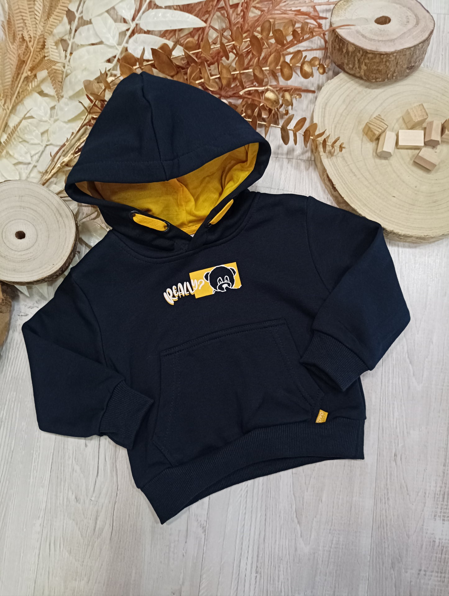 Felpa con Cappuccio in Cotone Felpata Internamente Colore Blu Scuro con Stampa Ativo Kids Bambino 6-36 Mesi