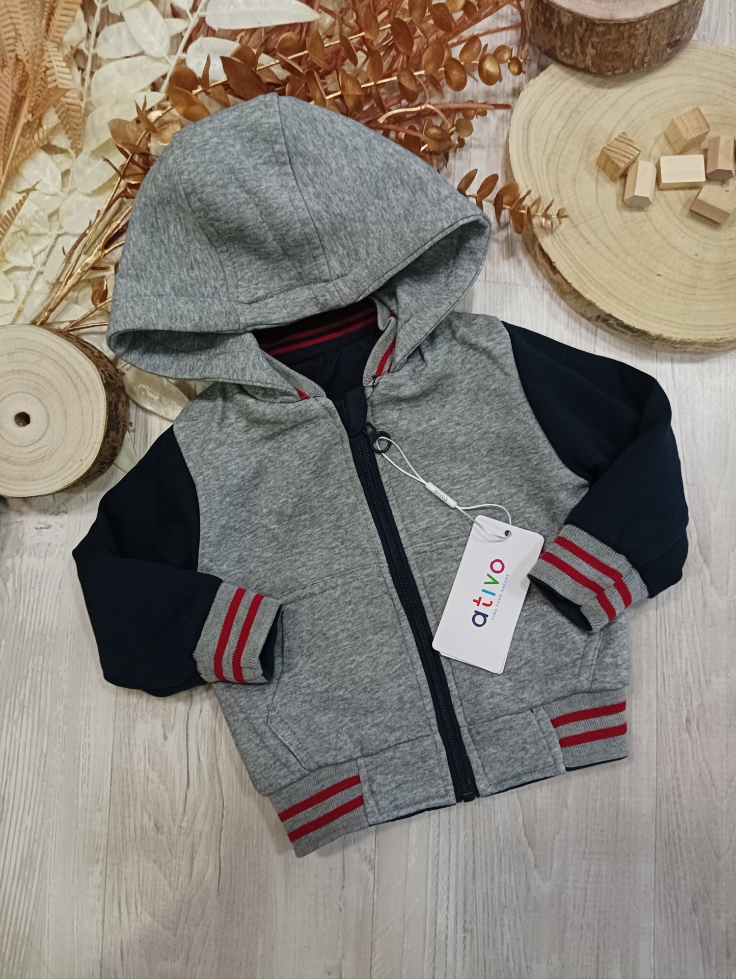 Giubbino Blu Impermeabile con Cappuccio Grigio in Tessuto Felpa Interno Felpa Reversibile Ativo Kids Bambino 12-36 Mesi