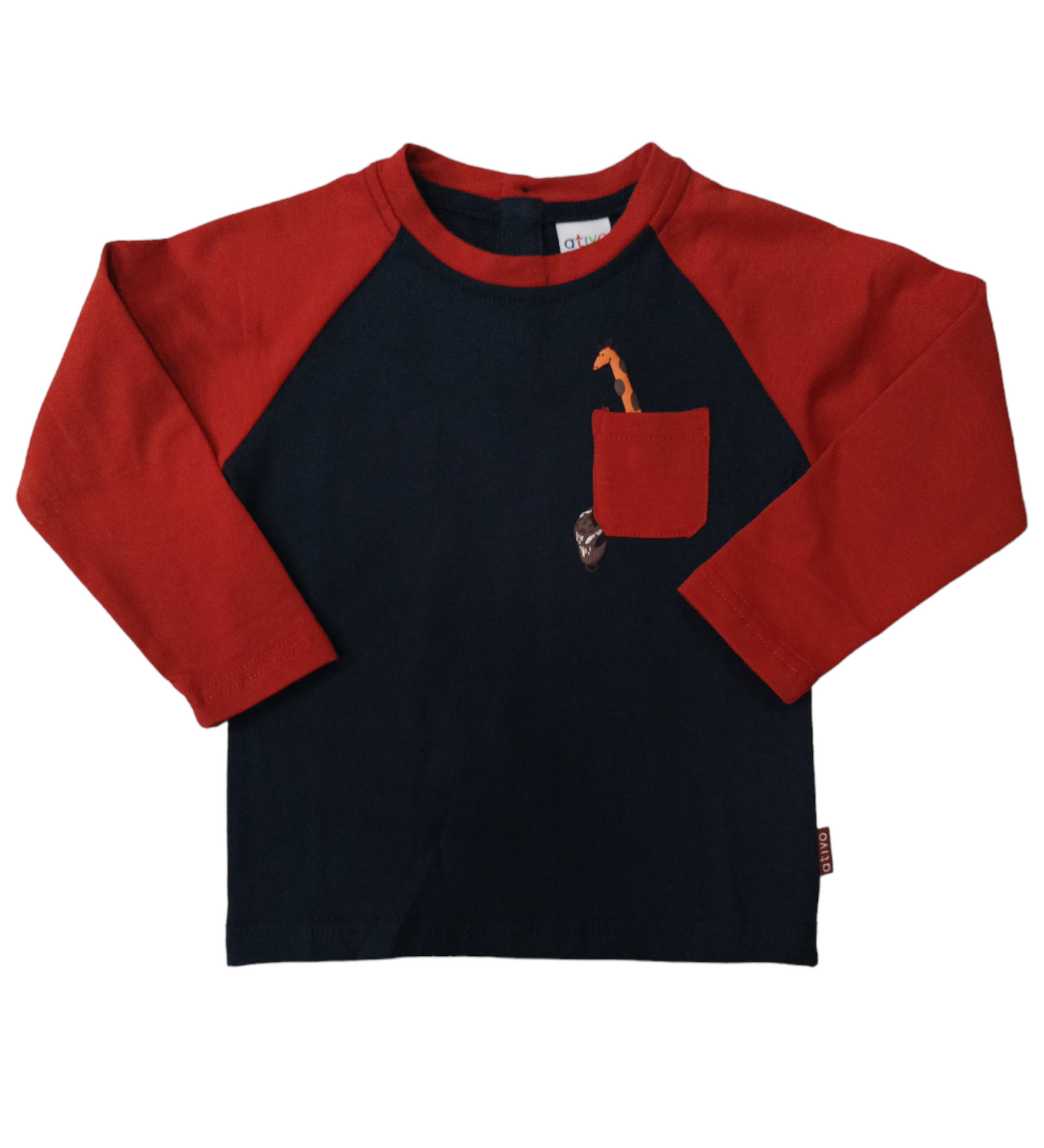 T-Shirt in Jersey di Caldo Cotone Bicolore Ruggine e Blu con Taschino e Stampa in Rilievo Ativo Kids Bambino 12-36 Mesi