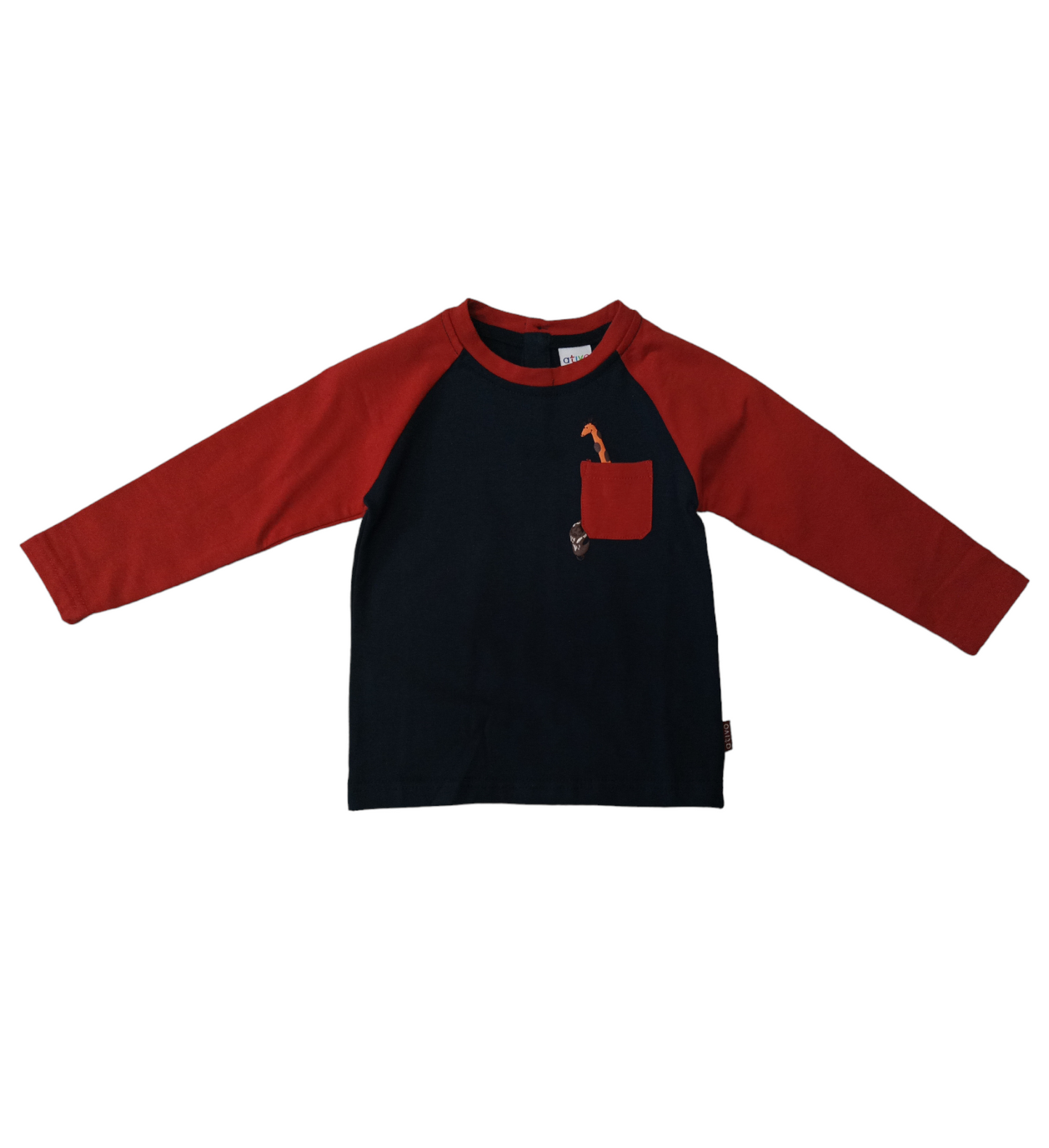 T-Shirt in Jersey di Caldo Cotone Bicolore Ruggine e Blu con Taschino e Stampa in Rilievo Ativo Kids Bambino 12-36 Mesi