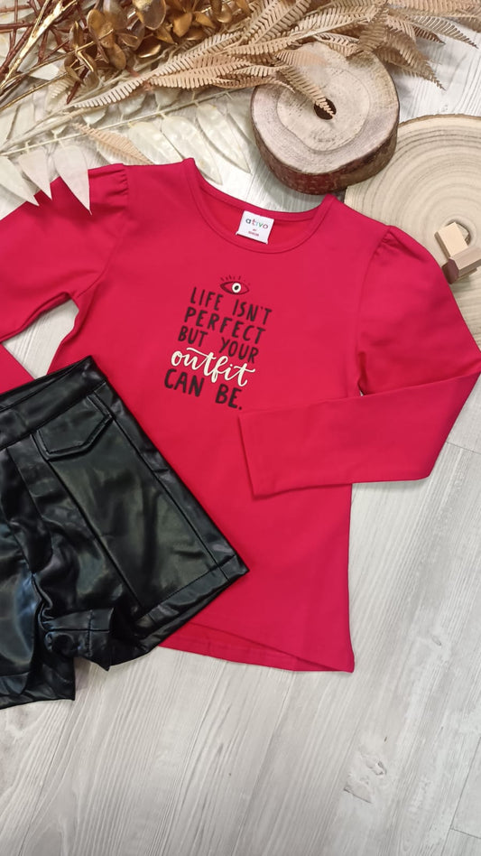Completo 2 Pezzi T-Shirt Felpata Cotone Fucsia Stampata Occhio e Pantaloncino in Ecopelle Nero Ativo Kids Bambina/Ragazza 4-12 Anni