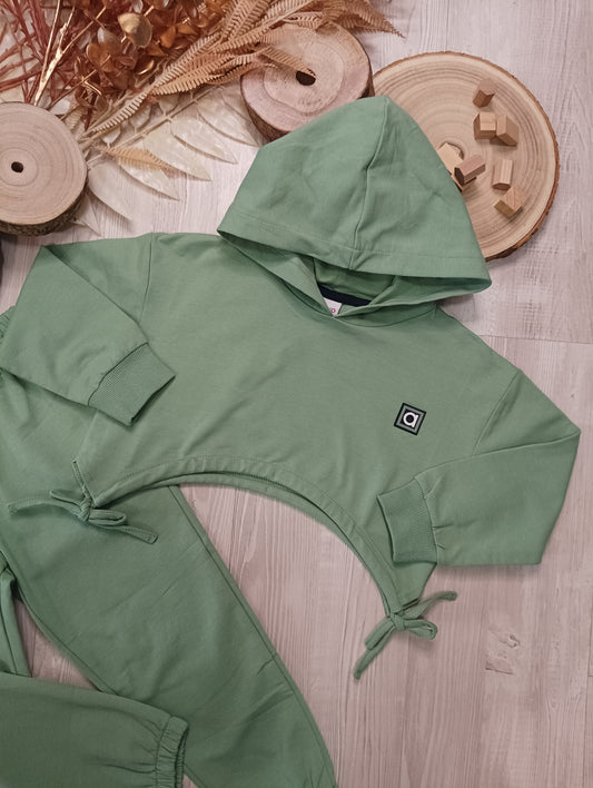 Tuta in Jersey di Cotone Color Verde Acqua Felpa Cropped e Pantalone Elasticizzato Ativo Kids Bambina/Ragazza 4-14 Anni