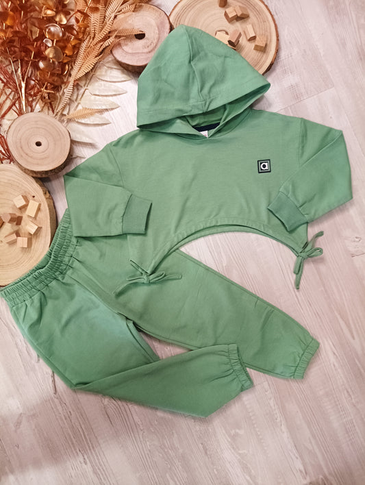 Tuta in Jersey di Cotone Color Verde Acqua Felpa Cropped e Pantalone Elasticizzato Ativo Kids Bambina/Ragazza 4-14 Anni