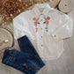 Camicia Bianca Stondata con Bottoni Beige Ricamo Floreale sul Davanti Ativo Kids Bambina/Ragazza 4-12 Anni