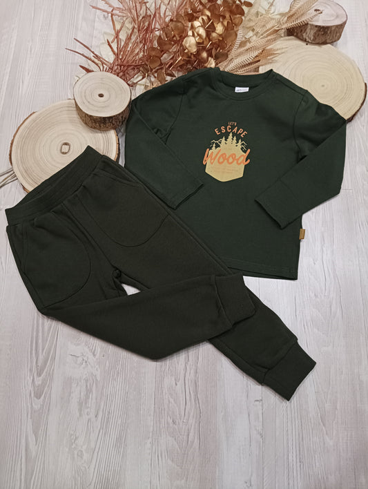Maglia in Cotone Felpato Girocollo a Manica Lunga Color Verde Bosco Con Stampa Ativo Kids Bambino/Ragazzo 4-12 Anni