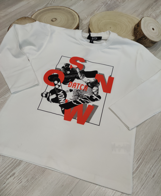 T-Shirt Bianca a Manica Lunga Felpata con Stampa Snow DATCH Ragazzo M - XXL 10-16 Anni
