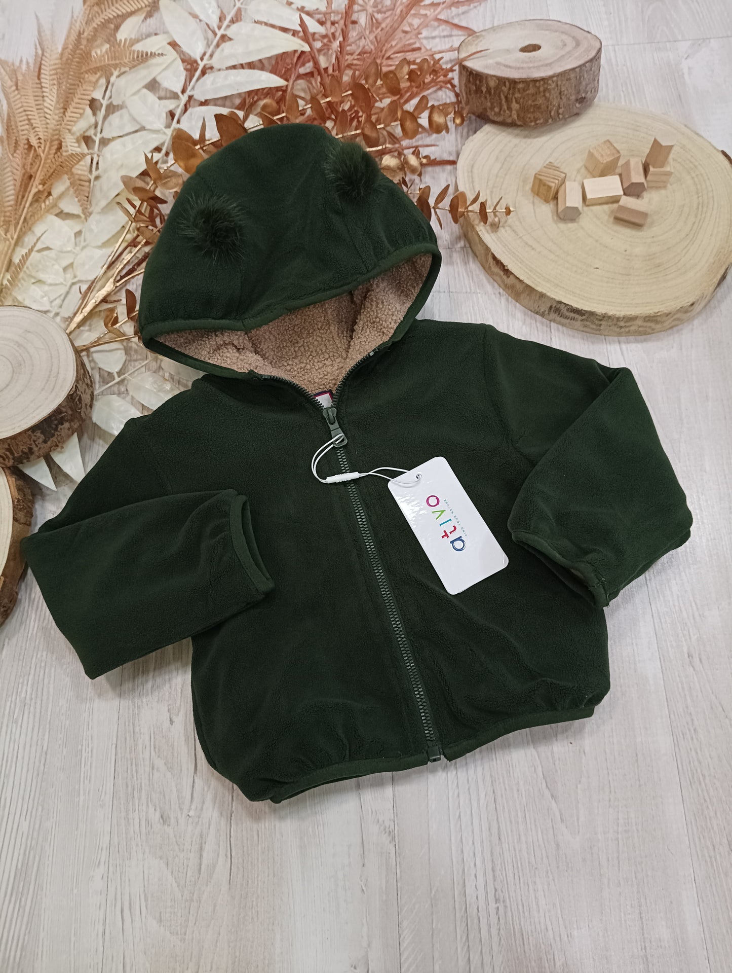 Giubbino in Pile Verde Bottiglia con Interno Tessuto Teddy Felpa con Cappuccio Con Pon Pon Ativo Kids Bambina 12-36 Mesi