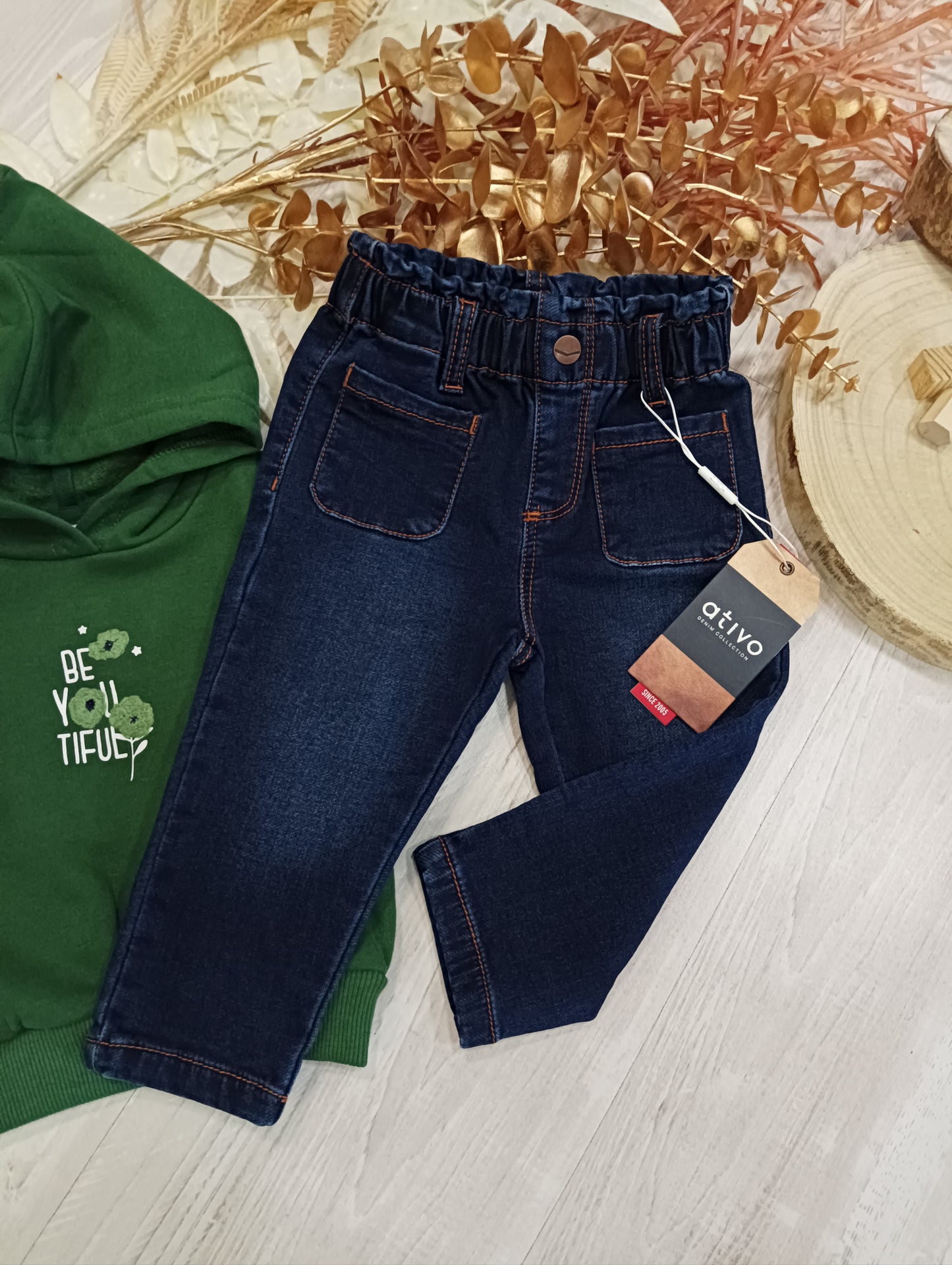 Jeans Elasticizzato in Vita Denim Scuro Con Tasche Grandi Davanti Ativo Kids Bambina 12-36 Mesi