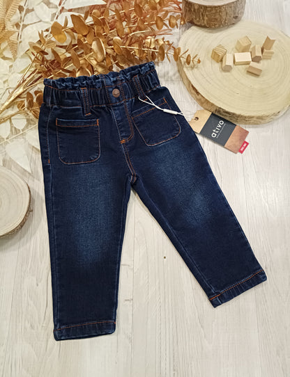 Jeans Elasticizzato in Vita Denim Scuro Con Tasche Grandi Davanti Ativo Kids Bambina 12-36 Mesi