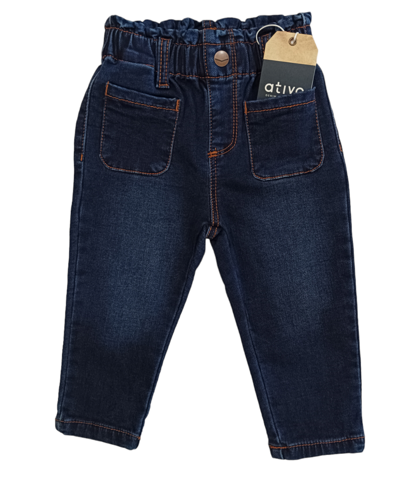 Jeans Elasticizzato in Vita Denim Scuro Con Tasche Grandi Davanti Ativo Kids Bambina 12-36 Mesi