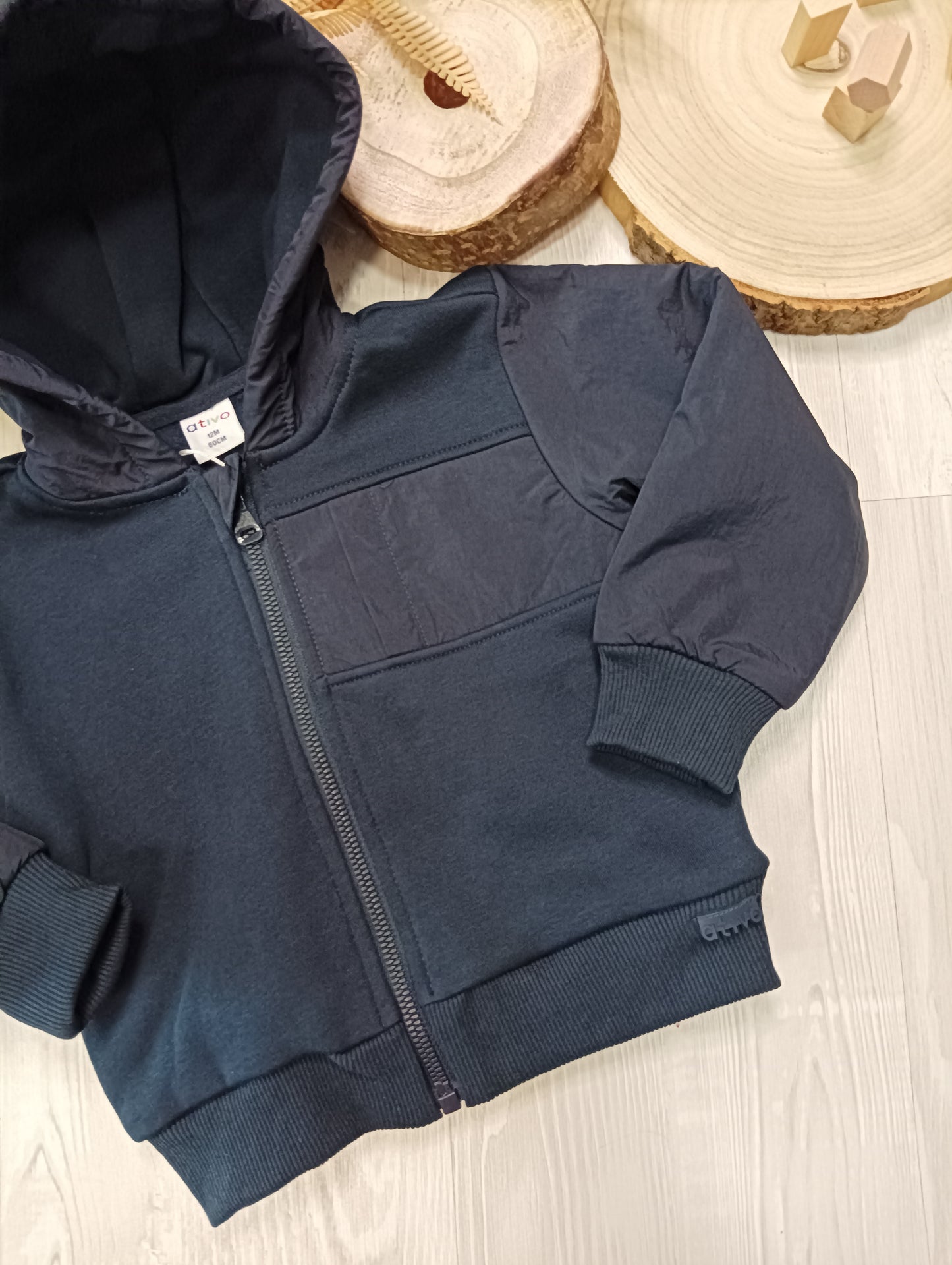 Giubbino Blu Doppio Tessuto Felpa con Cappuccio Interno Felpato Ativo Kids Bambino 12-36 Mesi