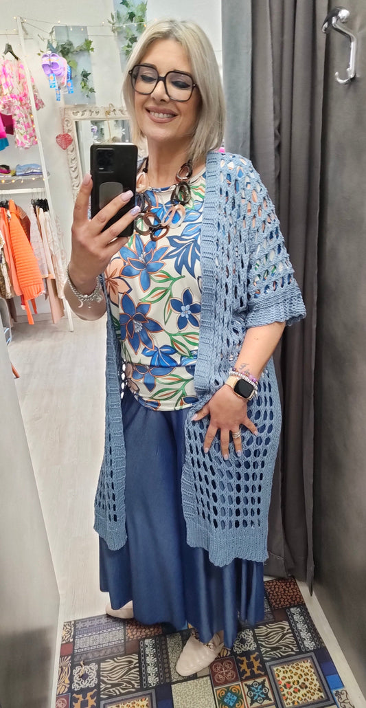 Cardigan Donna Traforato in Cotone Modello a Kimono Mezza Manica
