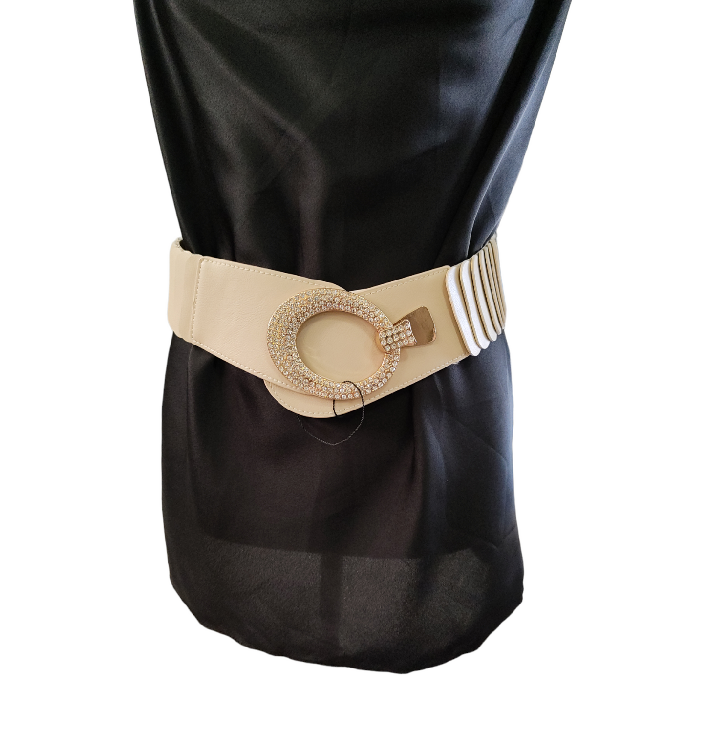 Cintura Donna a Fascia Elasticizzata con Fibbia Ovale Inserti in Eco Pelle e Strass