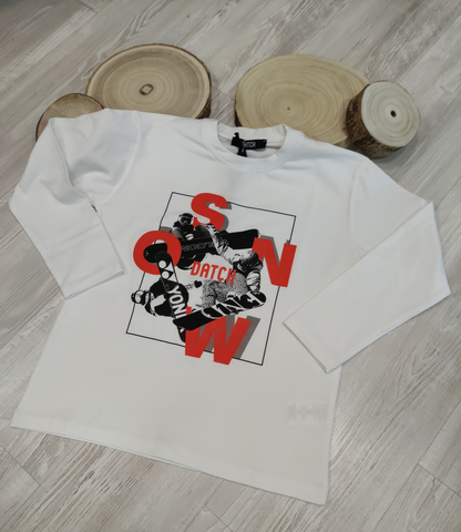 T-Shirt Bianca a Manica Lunga Felpata con Stampa Snow DATCH Ragazzo M - XXL 10-16 Anni