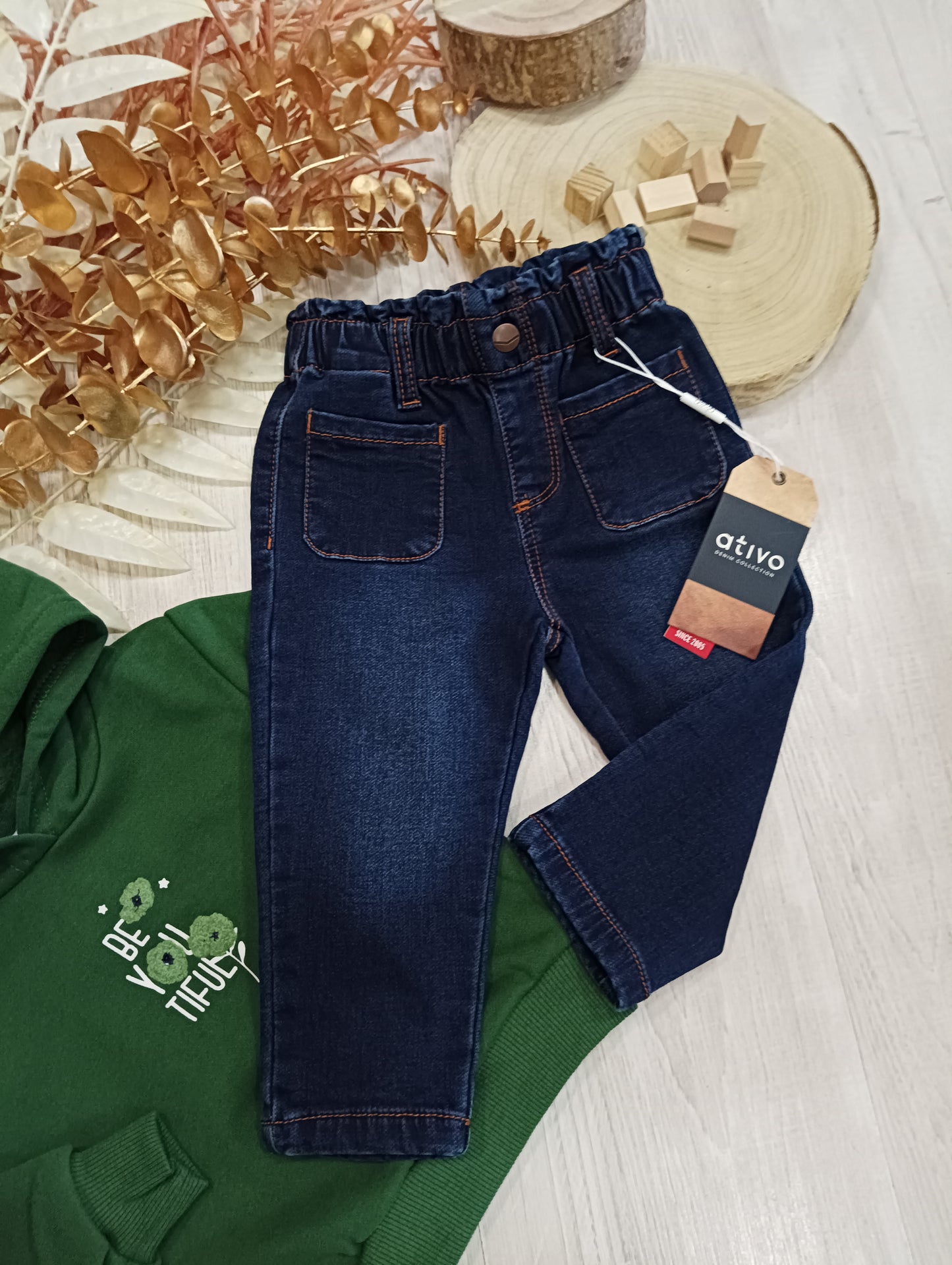 Jeans Elasticizzato in Vita Denim Scuro Con Tasche Grandi Davanti Ativo Kids Bambina 12-36 Mesi