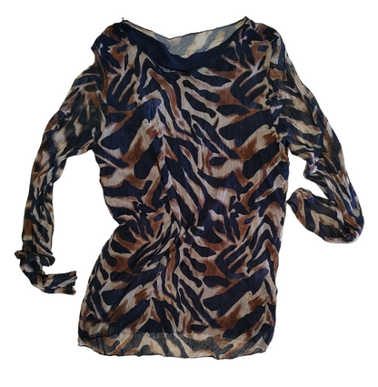 Maglietta Donna in Tulle Manica Lunga Foderata in Viscosa Fantasia Blu e Cammello