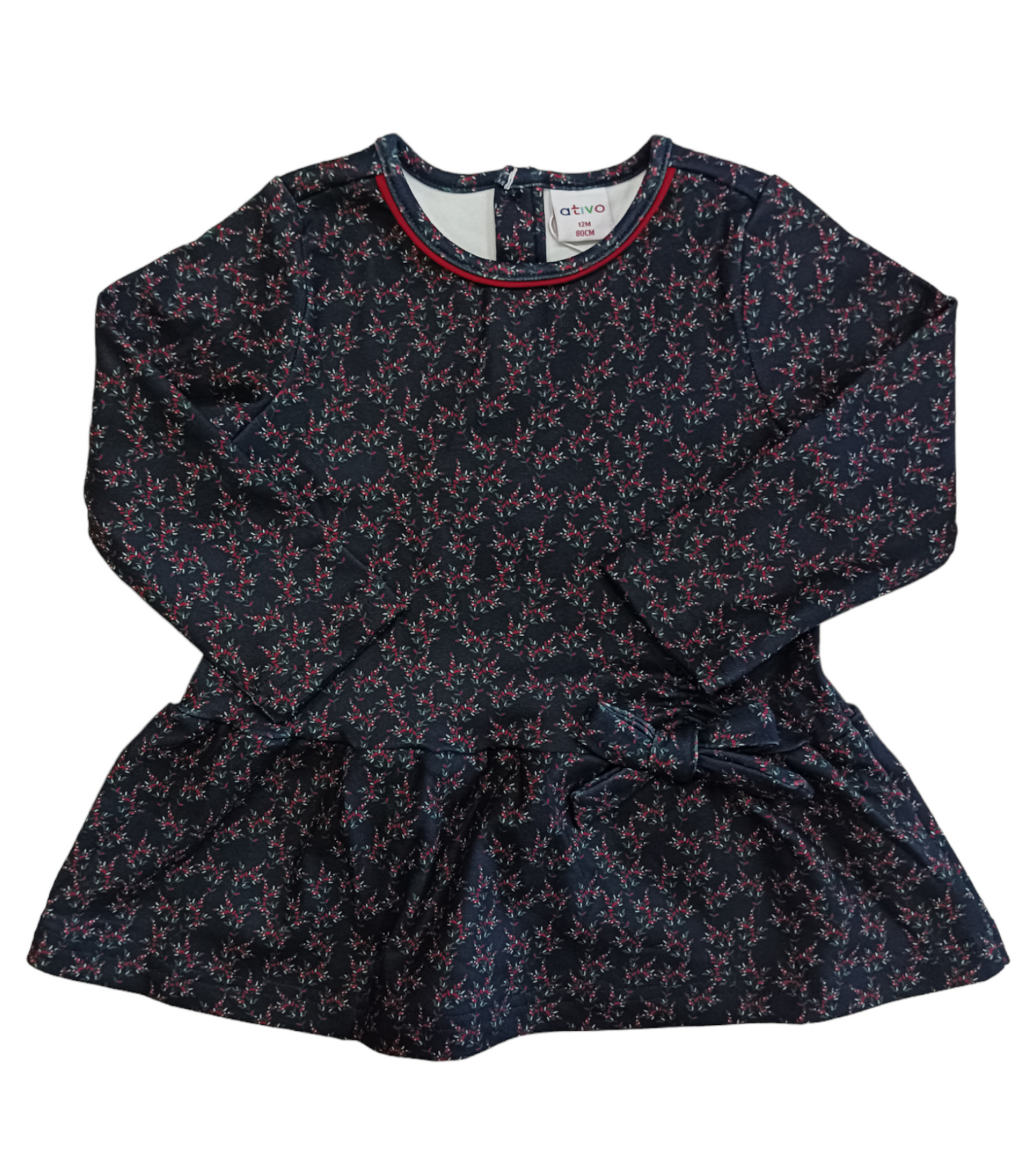Vestitino Blu a Fantasia a Fiori Rossi e Verdi Tessuto Velluto Tagliato sui Fianchi con Fiocco Ativo Kids Bambina 12-36 mesi
