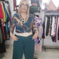 Pantalone Donna Color Petrolio Modello Cargo con Tasche a toppa sul Davanti Elastico in Vita