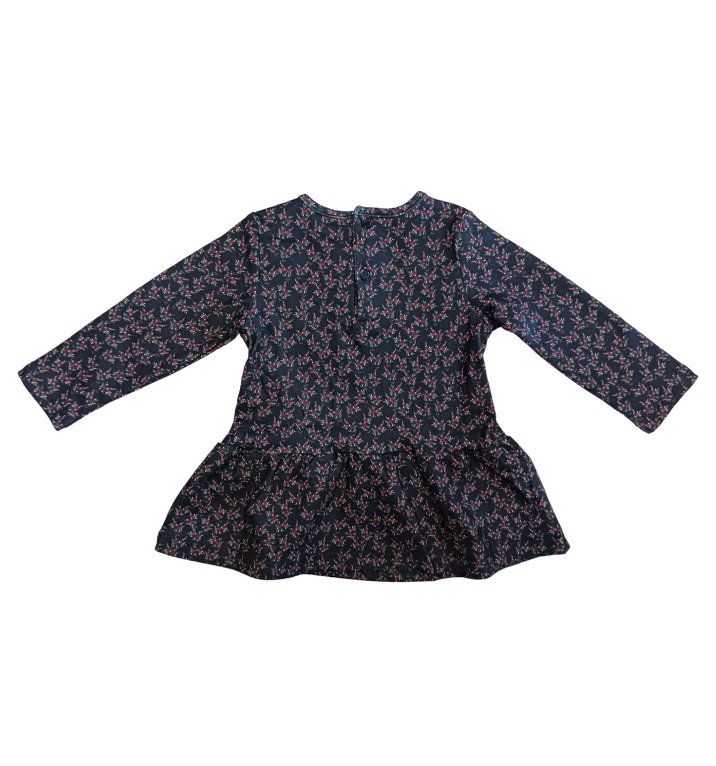 Vestitino Blu a Fantasia a Fiori Rossi e Verdi Tessuto Velluto Tagliato sui Fianchi con Fiocco Ativo Kids Bambina 12-36 mesi