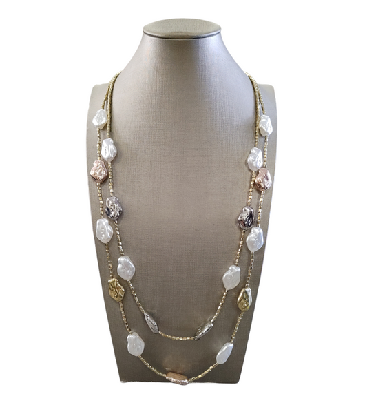 Collana Donna a Due Fili Con Perline ed Inserti in Plastica Effetto Stones In Tre Colori Dorato Perla e Argentato