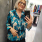 Camicia Donna in Fantasia Marmorizzata Petrolio e Blu con Inserti Plissé per una Ampia Vestibilità